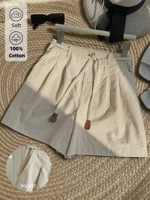 INAWLY 棉麻编织腰带高腰口袋短裤 - 杏色 - 查看 1