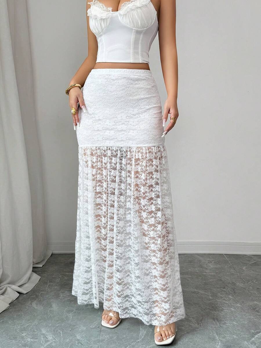 SHEIN Elenzya 女士优雅高腰弹力蕾丝半身裙，适合春夏度假穿着 - 白色 - 查看 1