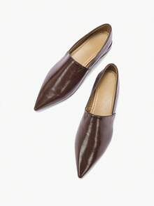 2024 秋冬新款咖啡色女士尖头乐福鞋，百搭简约舒适一脚蹬平底鞋，休闲通勤鞋 - 咖啡棕 - 查看 13