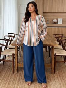 Breezaya Set de 2 piezas Traje de mujer talla grande con cuello entallado, mangas con botones y estampado floral de color contrastante - Multicolor - Ver 3