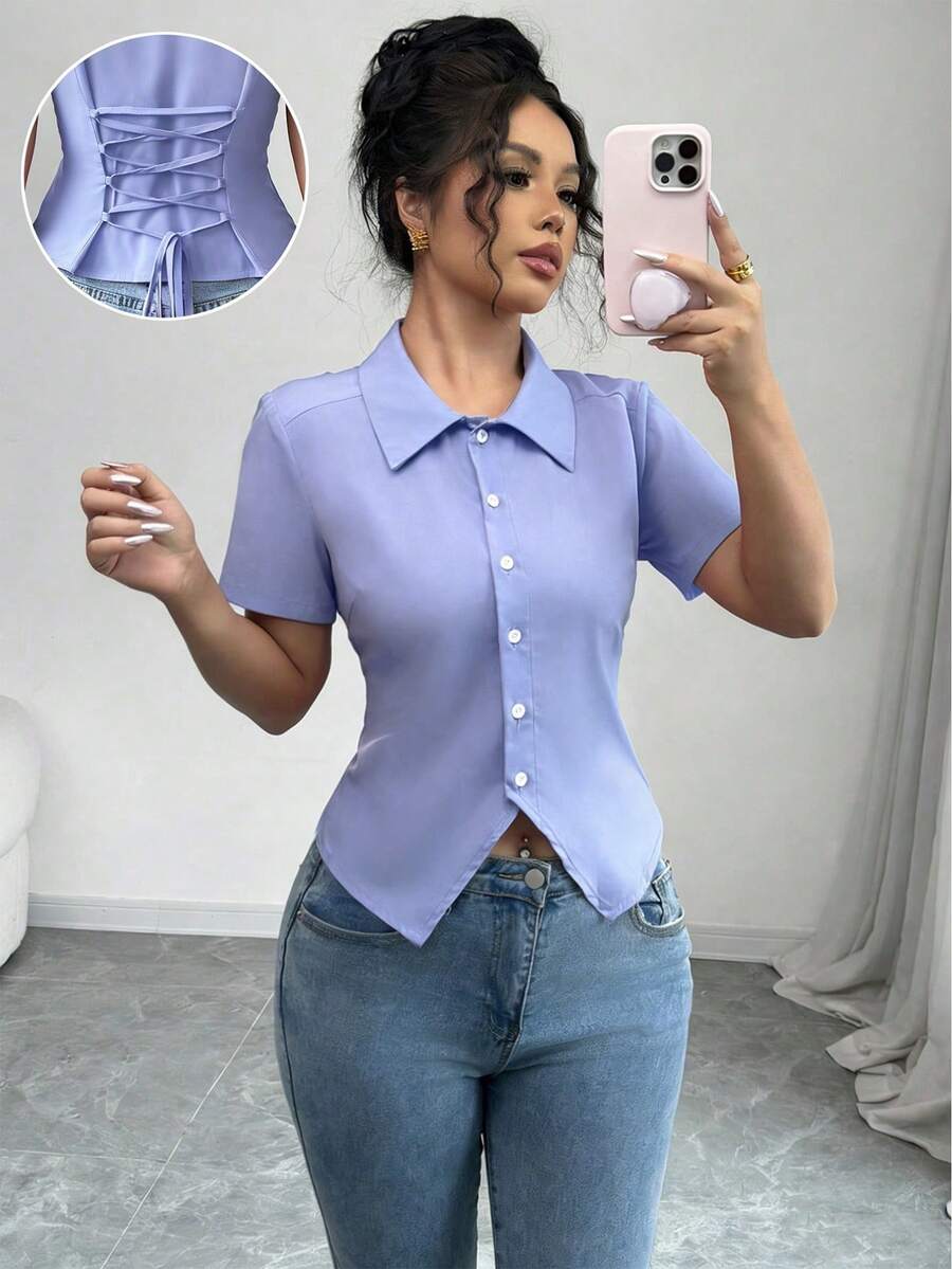 SHEIN Raffinéa Women's Shirt,Light Purple,Summer,Elegant,Dining Short Sleeve Button Up Retro Blouse With Large Collar,Back Lacing,Waist Cinching Fitted Office Tops - Blue - View 1