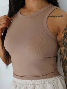 SAYEHFBABY Women Casual Solid Color Fitted Cropped Tank Top, Versatile - Coffee Brown - View 3