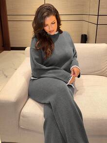 MDEdit 女士休闲日常通勤撞色落肩宽松针织毛衣和针织裤两件套，秋冬 - 深灰色 - 查看 6
