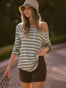 GLOWMODE Easy Day Soft Smooth Wrinkle-Resistant Striped Relaxed Fit Hip Length Curved Hem Raglan Sleeves Button-Down Top Daily Casual Wear - Green - View 5