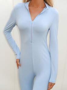 Sydney Algeri Women's Streetwear Solid Color Long Sleeve Half Zip Jumpsuit, Autumn - Blue - View 4