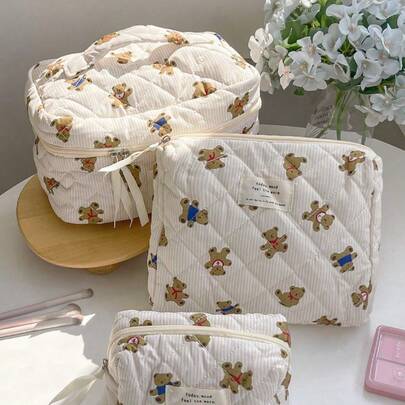 1pc Beige Striped Teddy Bear Makeup Bag, Halloween/Trick Or Treat Theme, Fashionable Casual Large Capacity Portable Zipper Cosmetic Bag, Travel Stationery Storage Bag, Essential For Vacation, Can Hold Foundation, Wired Earphones, Earbuds, Headphones, Chargers, Lipstick, Cosmetics, Perfume, Skincare, Beauty Products, Home Decor, Student Gift, Women's Gift, Christmas Gift, Great Gift For Her
