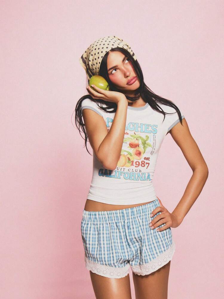 MISSGUIDED Blue Gingham Checked Boyshort Underwear With White Lace Trim Hem For Women Everyday Comfort Intimate Sleepwear