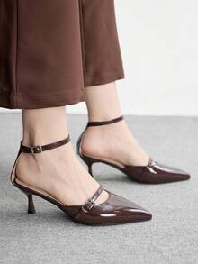 CUCCOO BIZCHIC Giày cao gót nữ, kiểu dáng retro màu nâu bóng, gót nhọn có khóa đôi và gót khoét rỗng, giày đa năng cho mùa xuân và mùa hè, phù hợp cho công sở và hẹn hò. - màu nâu - Xem 4