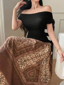 DAZY Bộ đồ nữ mùa hè gồm áo và chân váy cổ rộng, kiểu dáng trễ vai, thích hợp mặc mùa hè. - màu đen - Xem 6