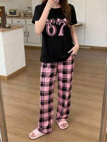 少女两件套睡衣套装，格子蝴蝶结印花牛奶丝短袖上衣搭配宽松格子裤，舒适睡衣，适合日常穿着，格子睡衣套装 - 黑色 - 查看 2
