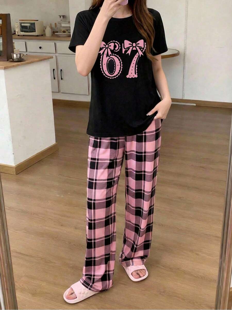 少女两件套睡衣套装，格子蝴蝶结印花牛奶丝短袖上衣搭配宽松格子裤，舒适睡衣，适合日常穿着，格子睡衣套装
