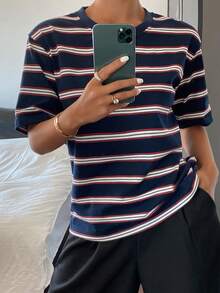DAZY Women's Striped Crew Neck Casual Versatile Daily Wear Short Sleeve T-Shirt Summer - Navy Blue - View 5