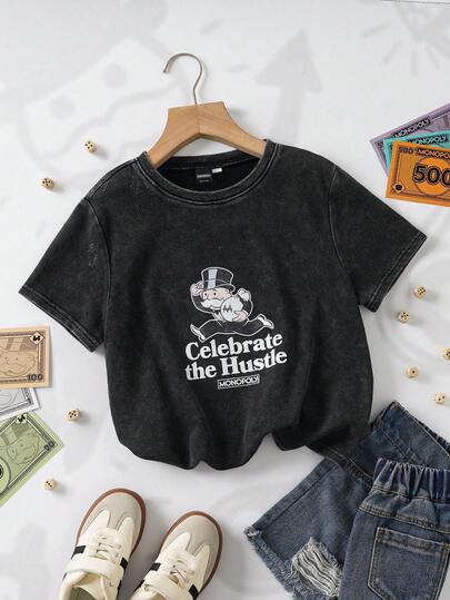 MONOPOLY X SHEIN Tween Girls' Round Neck Cartoon Letter Print Casual Versatile Daily Wear Short Sleeve T-Shirt