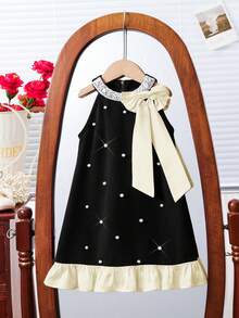 SHEIN 女童黑色夏季7歲生日禮服，蝴蝶結與珍珠裝飾，冬季短版正式節日派對跨年迷你洋裝，領口設計洋裝 - 黑色 - 查看 8