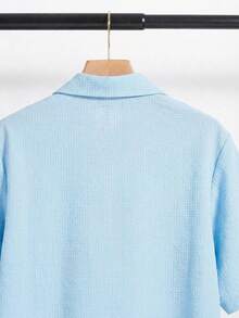 SHEIN Teen Boy Solid Color Polo Collar Single-Breasted Casual Versatile Daily Wear Short Sleeve Shirt,Kids Spring Outfits For Men Plain Shirt For Men Summer Shirt For Men Light Blue Men Shirt - Baby Blue - View 3
