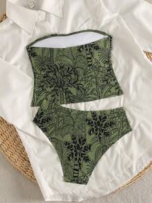 Swim Lushoire Women's Green Summer Boho Beach Vacation Holiday Holiday Tropical Coconut Tree Print Tankini Swimwear Set,Strapless Backless High Waist Bikini Set - Green - View 2