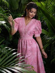 Modelyn V-Neck Embroidered Petal Sleeve Pink Dress - Pink - View 1