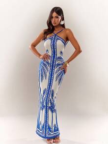 Radiana Women's Sexy Elegant Distinctive Blue Palm Tree Placement Print Fitted Dress, Sexy Spaghetti Strap Backless Dress, Dress, Tropical Print Dress, Stretchy Knit Dress, Bohemian Style Vacation Dress, Scarf Print Dress, Island Holiday Dress, Beach Dress, Holiday Travel Dress - Blue - View 5