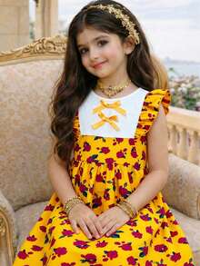 Young Girls Yellow Floral Dress With Blue Butterfly,Summer 7th Birthday Outfit,White Lace Patchwork Sleeveless Ruffle Hem Vintage Tea Party Sundress - Yellow - View 8