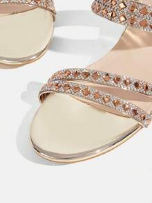 CUCCOO TILAWA Women's Round Toe Patent Leather Gold Rhinestone Strip Decoration Spring And Summer New Fashion Gorgeous Wear Thick Heel High Heel Sandals - Gold - View 11