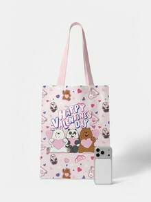 We Bare Bears X SHEIN Bolso de tote rosa cómodo con diseño de flor, burbujas y ranúnculo, estilo Kawaii - Amor Oso - Ver 2