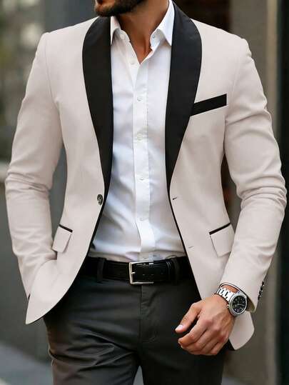 Manfinity Bizformal Men's Business Commute Contrast Color Single-Breasted Suit Jacket, Autumn Men Casual Suits Slim Fit Men Beige Suit
