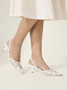 CUCCOO CHICEST 女士春夏透气网面花卉刺绣尖头细跟6cm高跟鞋纯色日常婚礼约会派对鞋 - 白色A - 查看 2