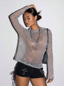 SHEIN ICON Women's Street Style Sheer Sparkly Drop Shoulder Hoodie - Grey - View 1