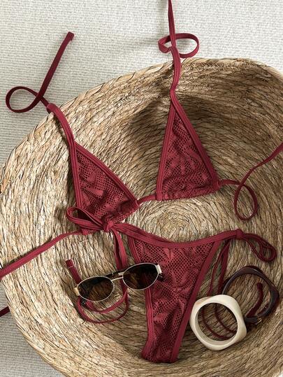 Swim SXY Swim 2-Piece Textured Floral Print Halter Bikini Set With Tie Side Bottoms, Sexy Swimwear For Spring/Summer Beach Vacation Burgundy Bikini