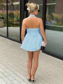 Bethéva 女士波点印花深V领性感时尚吊带连衣裙 - 藍色 - 查看 2