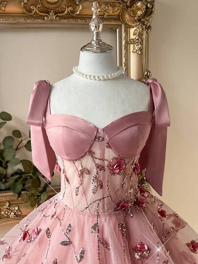 Lovelzi Elegant Romantic Cute Lotus Pink Spaghetti Strap/Shoulder Dress With Bowknot Shoulder Straps, Luxurious 3D Floral Sequins Embroidered Waist, See-Through Fishbone Tape A-Line Puff Skirt, Suitable For Graduation, Wedding, Birthday, Party, Prom, Evening Gown