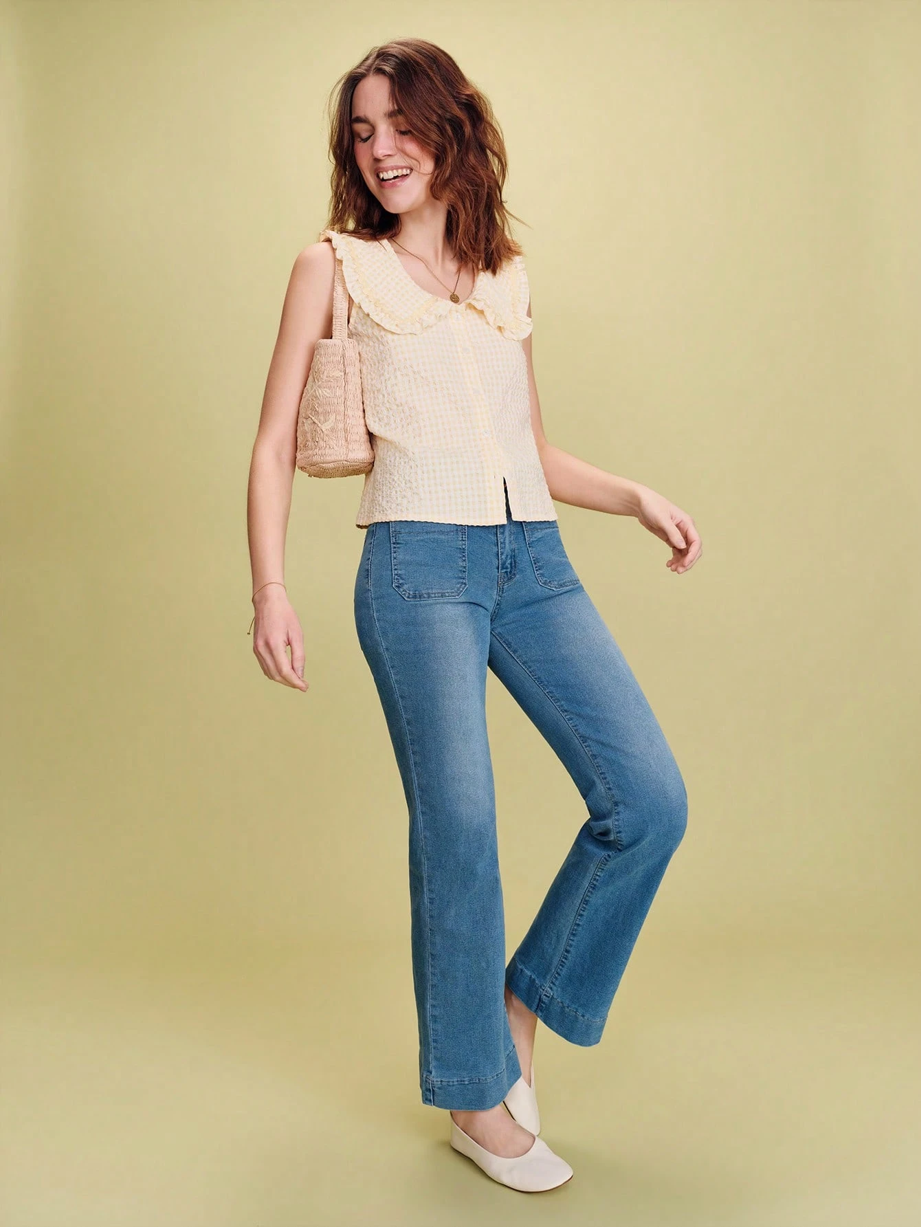 Butter Yellow Gingham Top With A Wide Peter Pan Collar, Ruffle Detailing, And Contrasting Trim Cute Style Spring Summer French Style Parisian Style Vacation Top Vintage Top