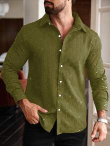 Manfinity AFTRDRK Men's Solid Color Front Button Casual Long Sleeve Shirt - Army Green - View 5