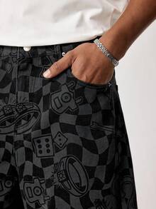 MONOPOLY X SHEIN Men's Casual Checkered Print Denim Shorts, Summer - Black - View 5
