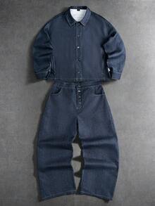 PAVTROS Men's Casual Front Button Long Sleeve Denim Effect Jacket And Pants Set - Blue - View 1