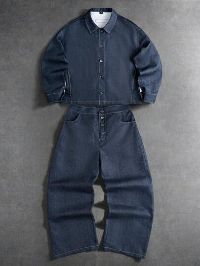 PAVTROS Men's Casual Front Button Long Sleeve Denim Effect Jacket And Pants Set