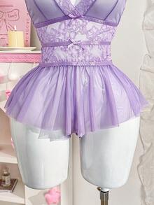 Sött & Romantiskt Spets Kontrast Mesh V-ringad Volang Justerbar Band Teddy Lingerie Set - Lila - Visa 4