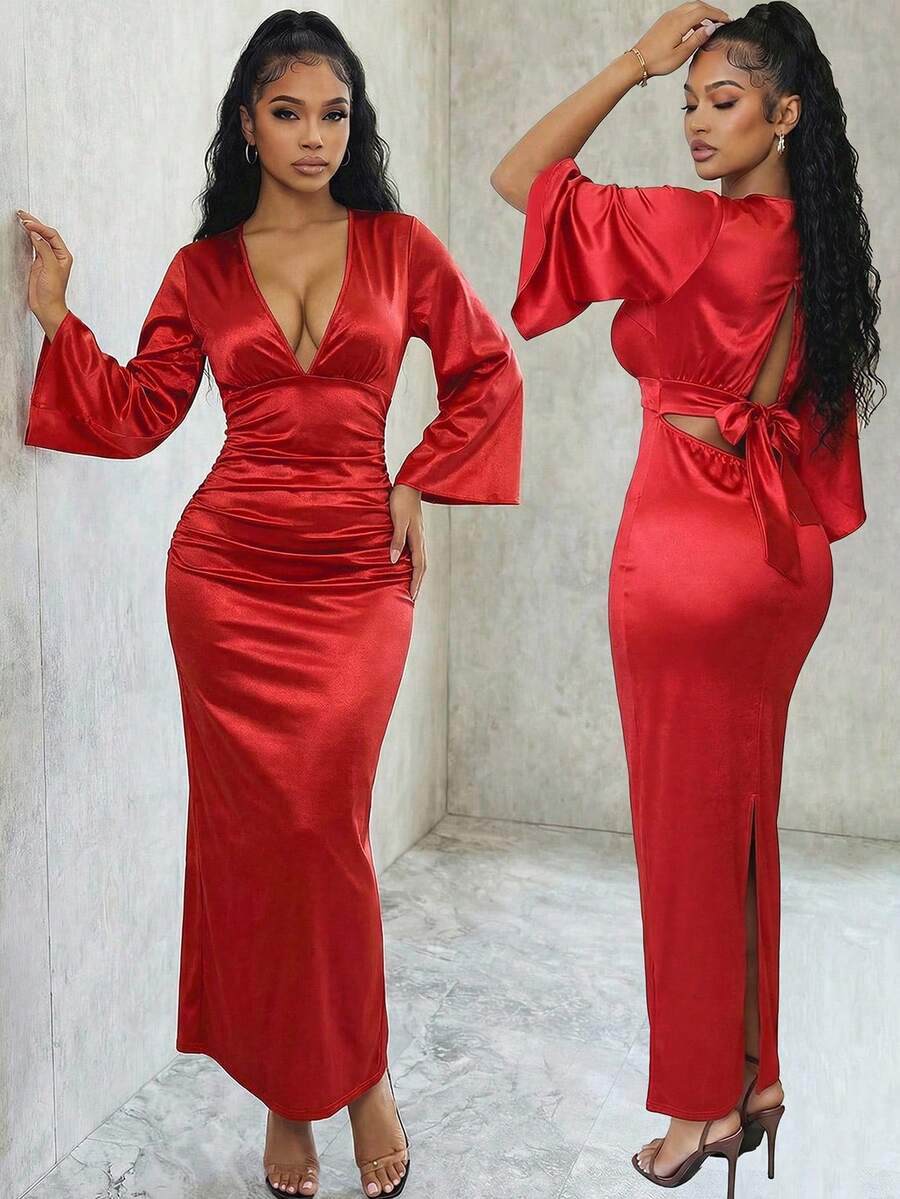 Eryvara Vestido largo con cuello en V, cintura plisada y mangas con volantes para mujeres - Rojo - Ver 1