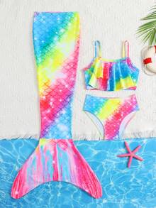 Young Girl Summer Vacation Fish Scale Print Spaghetti Strap Bikini Set Set With Cover-Up And Skirt, Random Print Girl Mermaid Swimwear Mermaid Bathing Suit Rainbow Two Piece Swimsuit Swimsuits For Kids Swimming Clothes - Multicolor - View 3