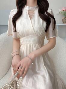 FRIFUL Đầm dài nữ cổ tròn, dây chéo phía trước, màu trơn, kiểu dáng thanh lịch, thích hợp cho công sở, mùa hè. - Màu be - Xem 4