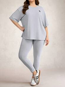 SHEIN LUNE 优雅女士两件套秋季女装大码女装黑白条纹露肩T恤和打底裤休闲套装女装两件套机场女装套装黑色两件套旅行装机场得体 - 灰色 - 查看 4