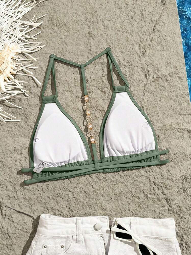 Swim Vcay Top de bikini décoratif sexy mode dos nu couleur unie - Vert - Voir 3