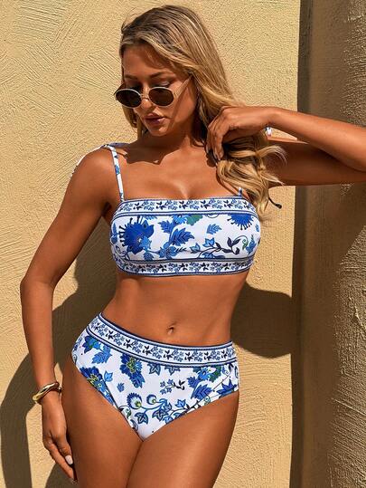 Swim Vcay 2pcs/Set New Positioning Print Multi-Color Tie Sexy Elegant Resort Bikini Set, Suitable For Beach, Pool Party