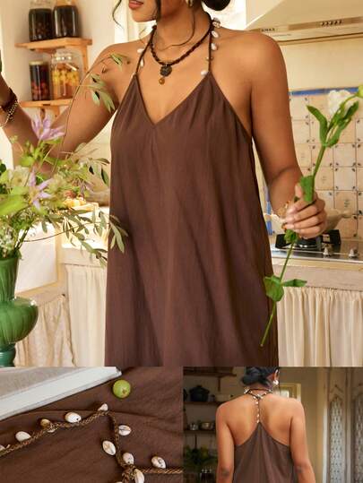 Freevana Plus Size Women Solid Color Casual Halter Neck Dress