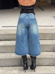 Jeta Ari 女式休闲水洗阔腿七分裤 - 中等水洗藍 - 查看 2