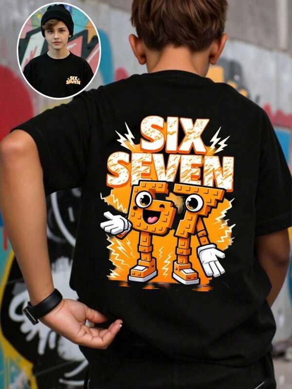 Camiseta casual y creativa para niños, con estampado de número 67, bloques de construcción, rayo y letras, de manga corta, cómoda para usar a diario en primavera, verano y otoño