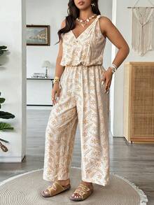 Vionelle Mono largo de pierna recta con cintura elástica, estampado de tejido, cuello en V sin mangas, estilo vintage y casual para mujer de talla grande. Mono casual bohemio de verano con estampado floral para vacaciones y playa. - Albaricoque - Ver 3