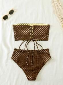 Swim Mod 2026 Spring/Summer Yellow Base Brown Polka Dot & Striped Reversible Design Backside Drawstring Side High Cut Women Bikini Swimwear - Multicolor - View 2