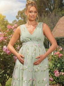 Loomaby 孕妇V领花卉刺绣网纱时尚派对无袖连衣裙 - 綠色 - 查看 6