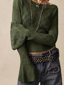 Bohemela Women's Solid Color Scoop Neck Hollow Design Waist Fitted Sweater - Army Green - View 7